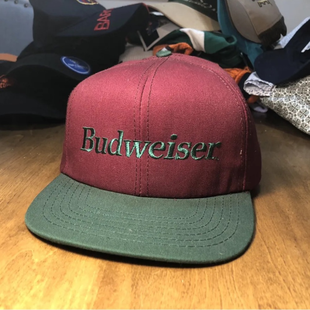 Budweiser SnapBack flat brim hat; maroon and green